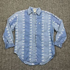 VTG Embroidered Chambray Button Up Jean‎ Shirt Mens Small Geometric Aztec Denim